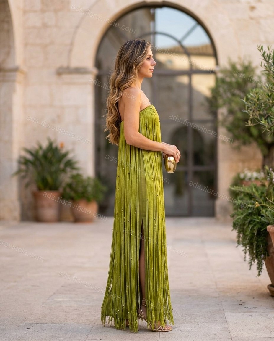 Lime Green Maxi Strapless Fringe Dress, movement and fit lifestyle view, by ads.floravincie.com