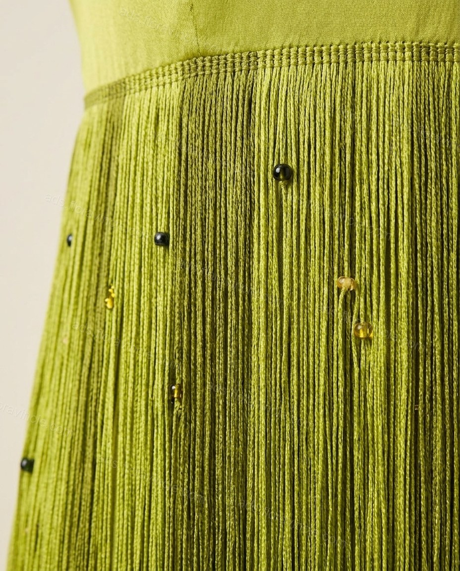 Lime Green Maxi Strapless Fringe Dress, close-up of olive green accents, fringe and beaded embellishment, by ads.floravincie.com