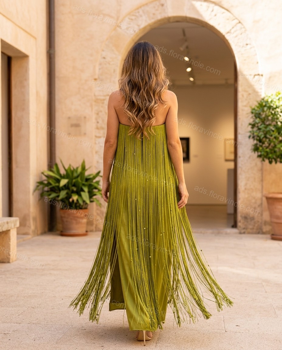 Lime Green Maxi Strapless Fringe Dress, alternate use-case lifestyle view, by ads.floravincie.com