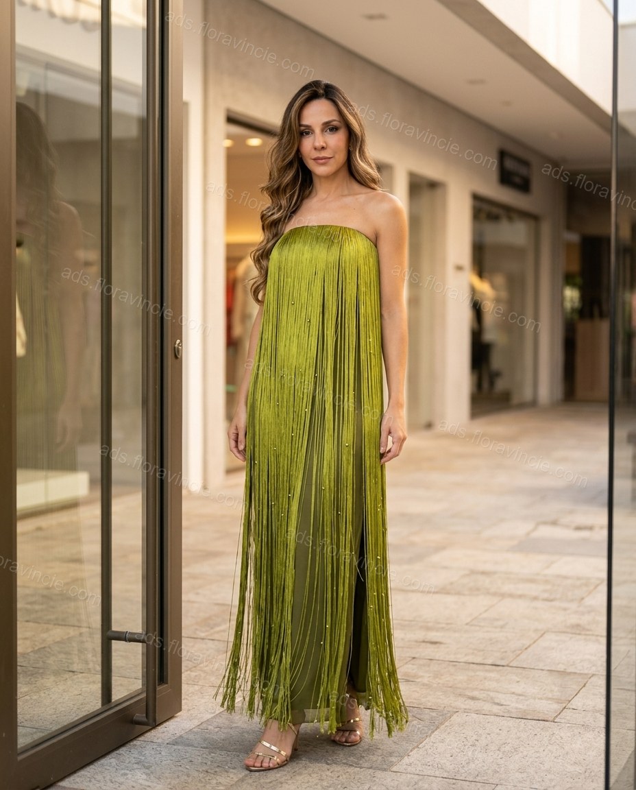 Lime Green Maxi Strapless Fringe Dress, three-quarter brand lifestyle view, by ads.floravincie.com