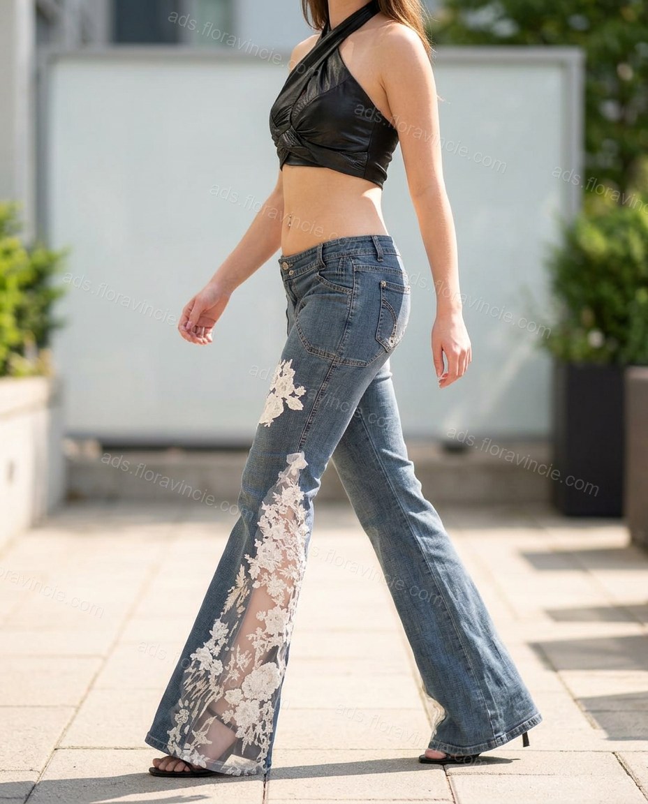 Blue Floral Embroidered Denim Pants, walking lifestyle view, by ads.floravincie.com