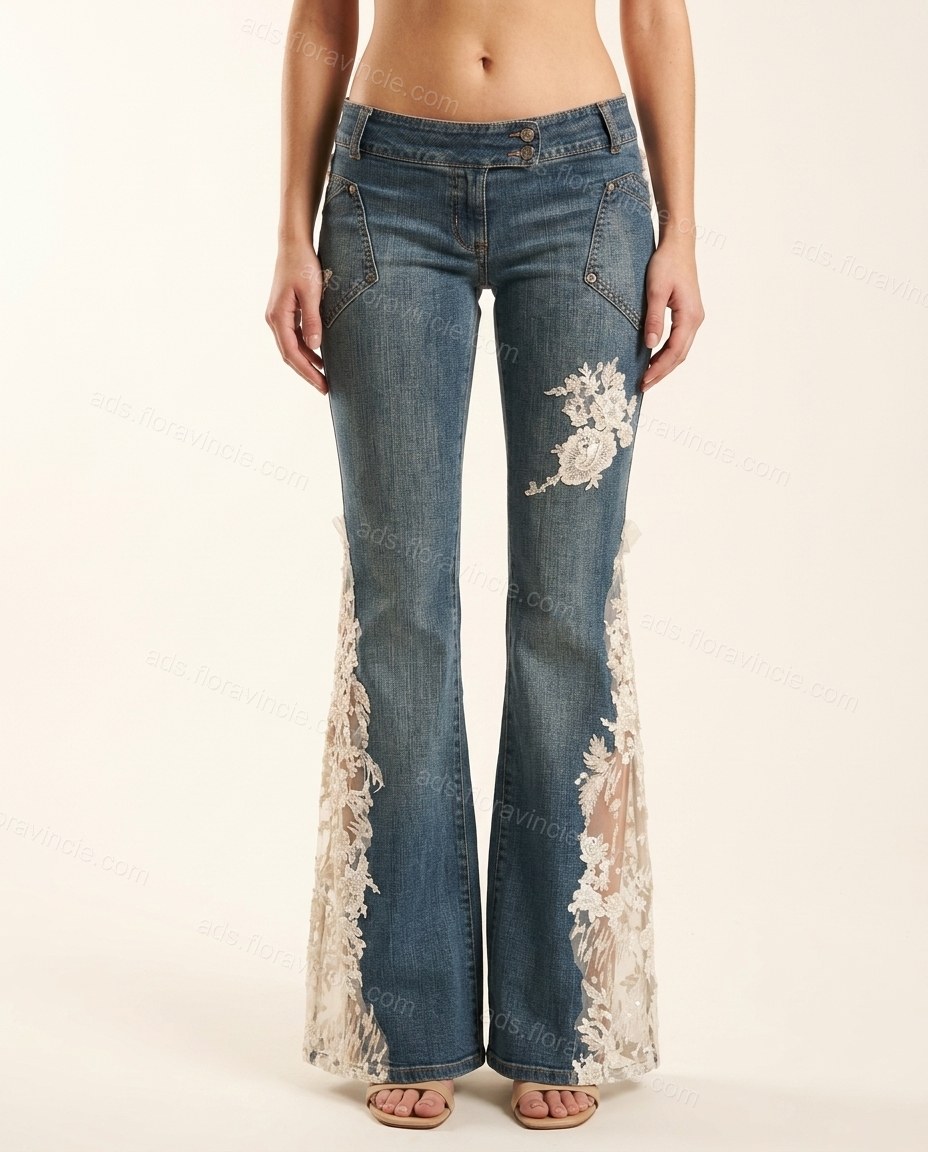 Blue Floral Embroidered Denim Pants, front studio view, by ads.floravincie.com