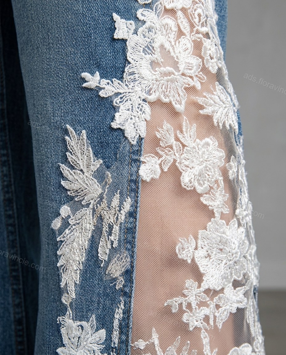 Blue Floral Embroidered Denim Pants, close-up of floral, by ads.floravincie.com