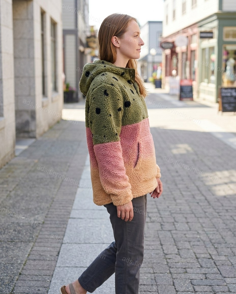 Olive Green Cape Blouse, walking lifestyle view, by ads.floravincie.com