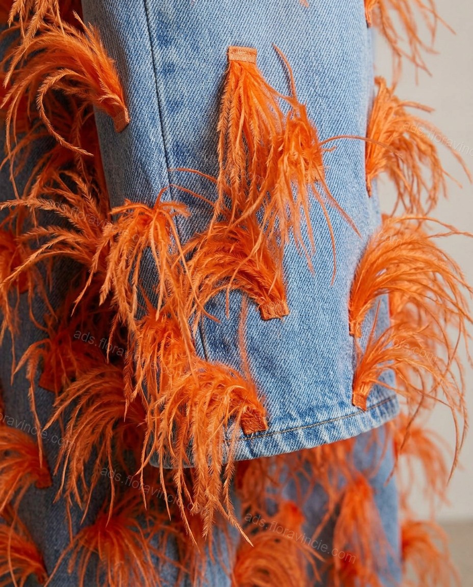 Light Blue Feather-Trim Denim Pants, close-up of orange accents, feather-like embellishments and all-over orange feather embellishment, by ads.floravincie.com