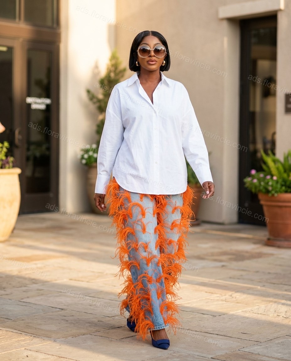 Light Blue Feather-Trim Denim Pants, movement and fit lifestyle view, by ads.floravincie.com