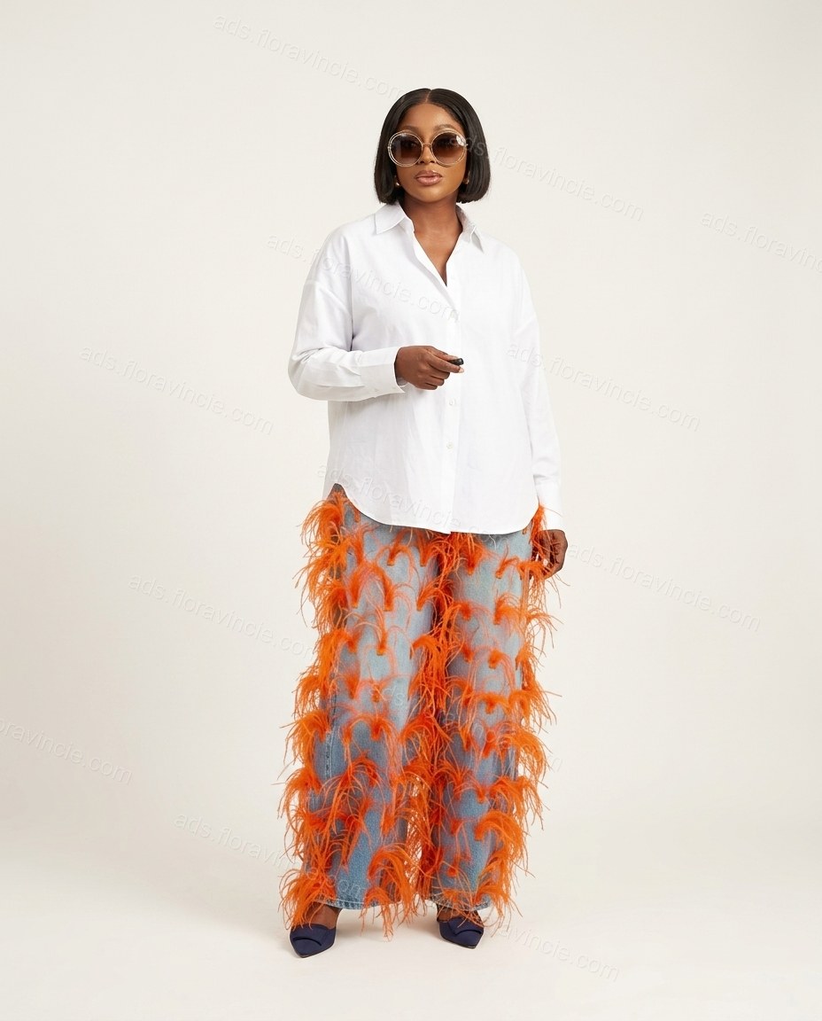 Light Blue Feather-Trim Denim Pants, front studio view, by ads.floravincie.com