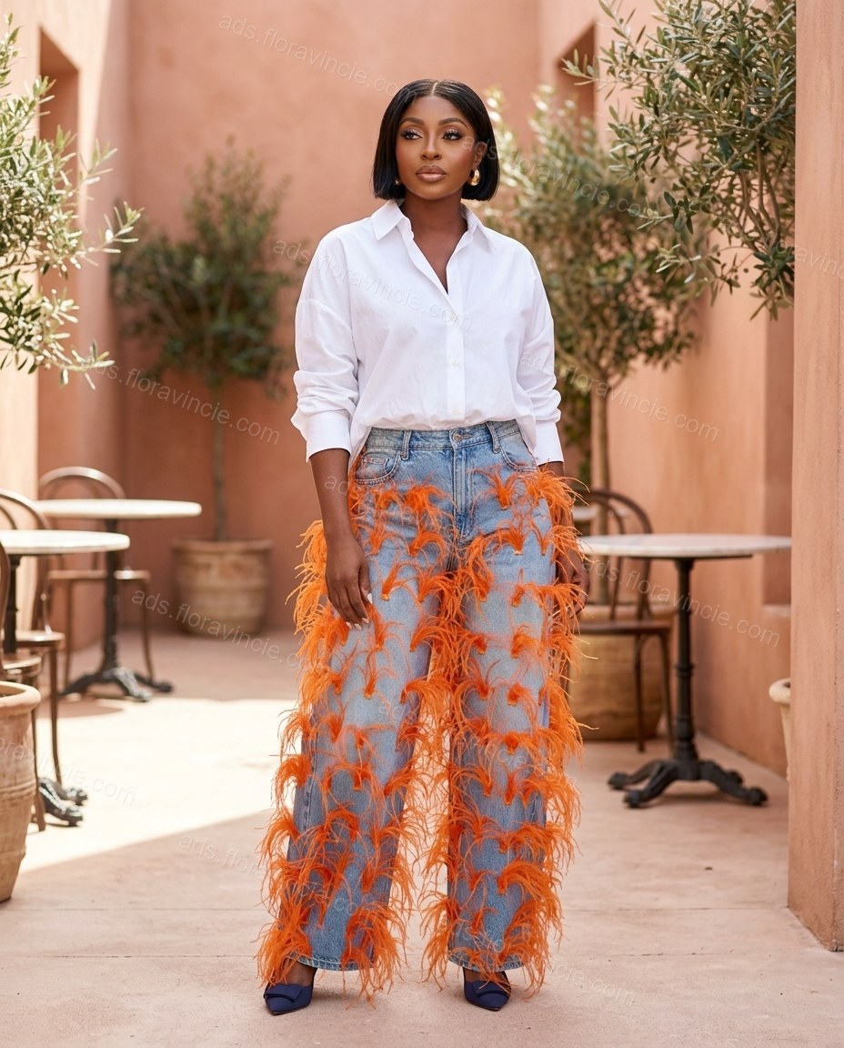 Light Blue Feather-Trim Denim Pants, three-quarter brand lifestyle view, by ads.floravincie.com