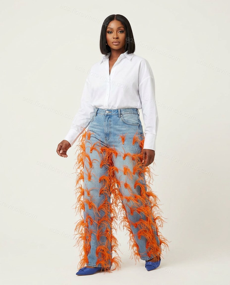 Light Blue Feather-Trim Denim Pants, side and back studio view, by ads.floravincie.com