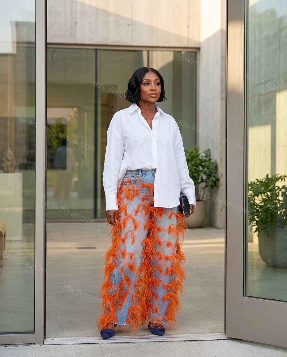 Light Blue Feather-Trim Denim Pants, alternate use-case lifestyle view, by ads.floravincie.com