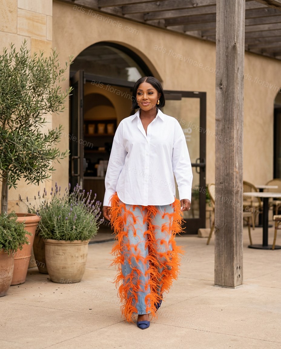 Light Blue Feather-Trim Denim Pants, walking lifestyle view, by ads.floravincie.com