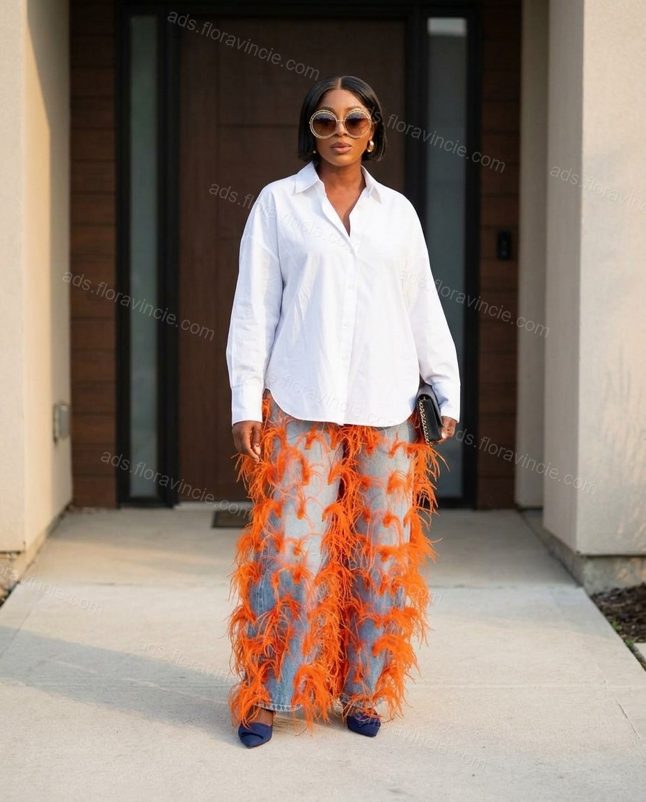 Light Blue Feather-Trim Denim Pants, full-length hero view, by ads.floravincie.com