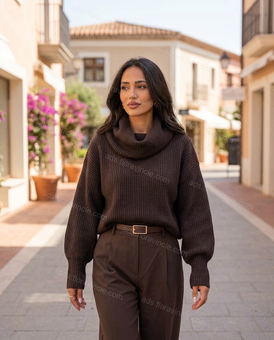 Dark Brown Cowl-Neck Knit Ribbed Top, alternate use-case lifestyle view, by ads.floravincie.com