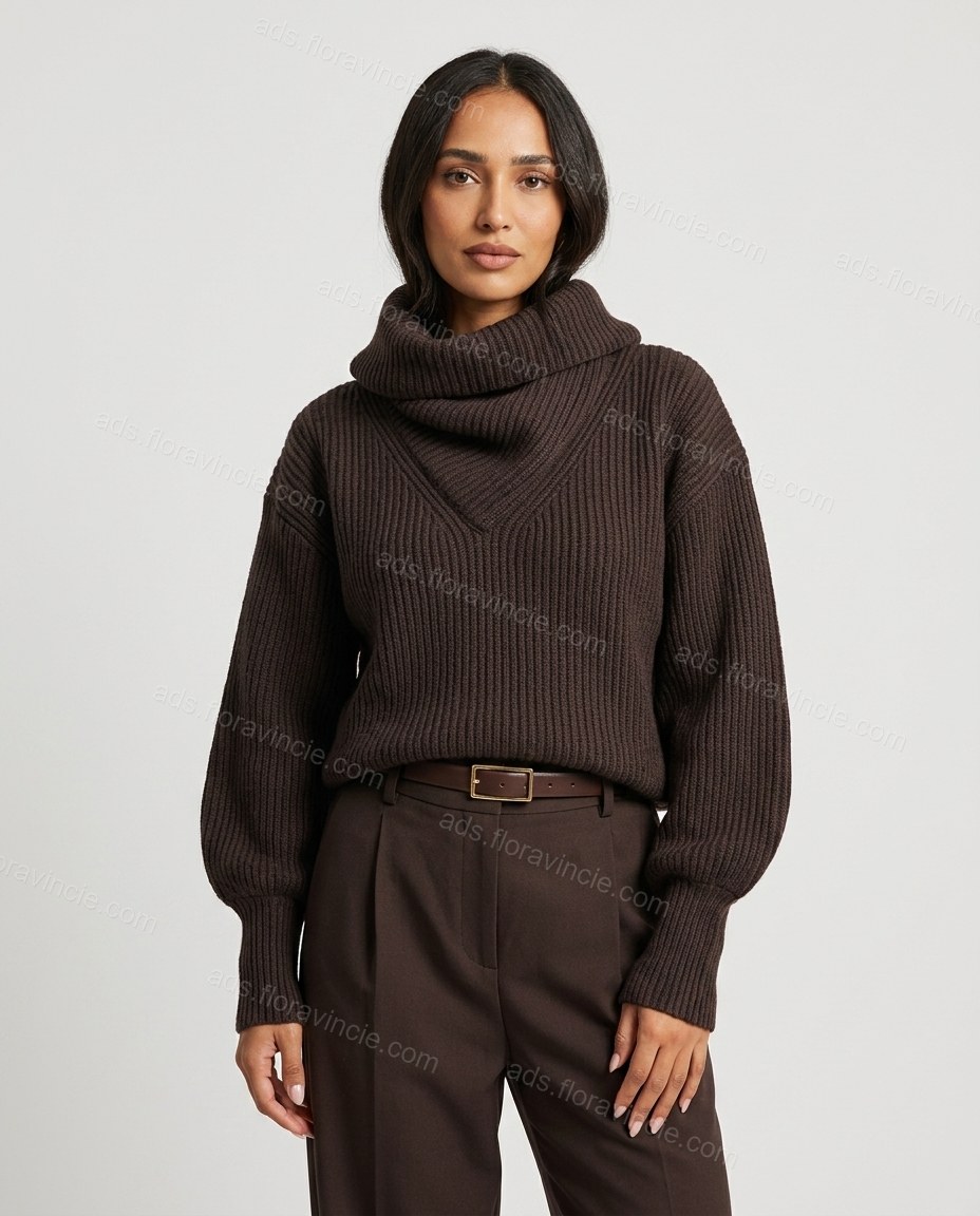 Dark Brown Cowl-Neck Knit Ribbed Top, front studio view, by ads.floravincie.com