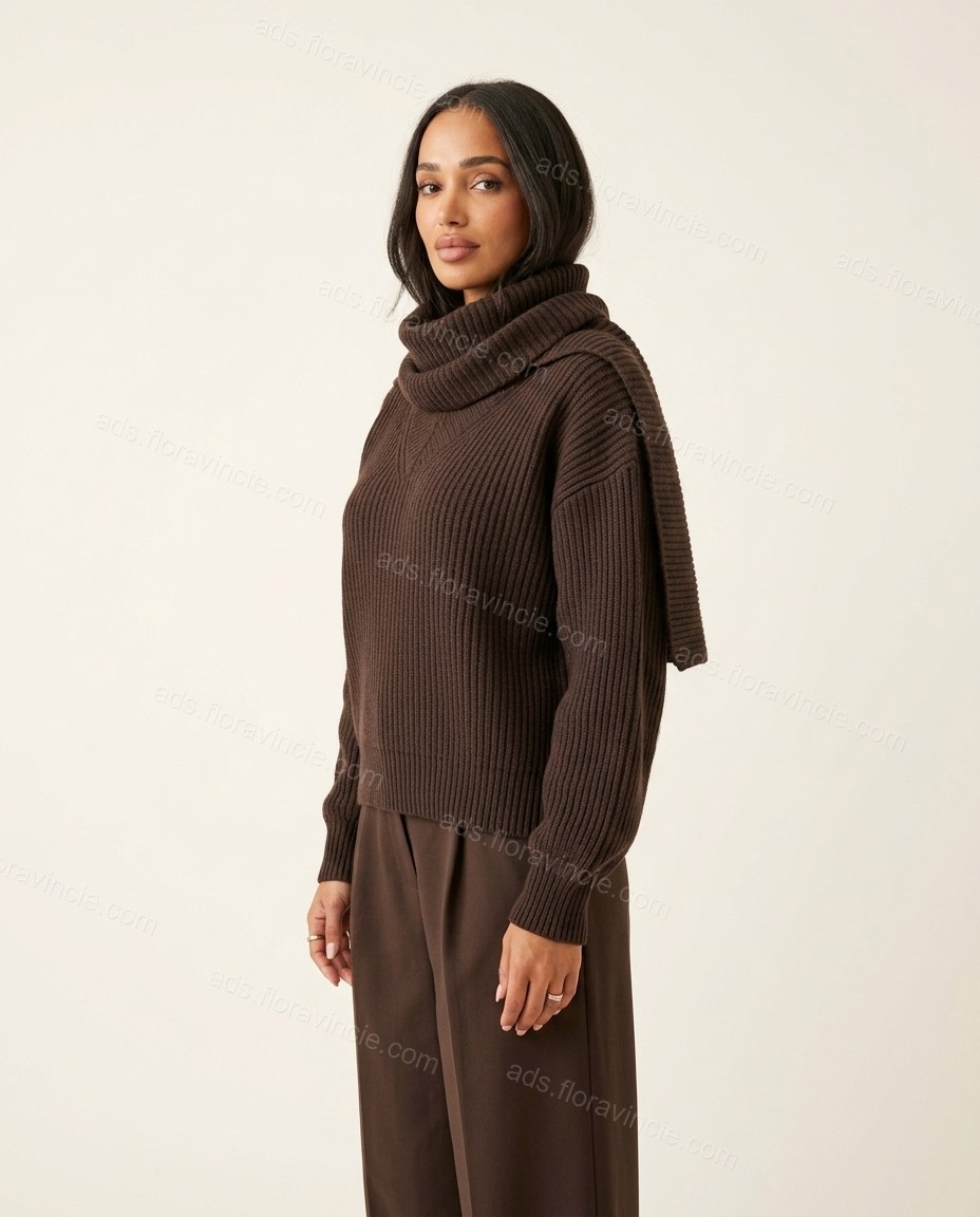 Dark Brown Cowl-Neck Knit Ribbed Top, side and back studio view, by ads.floravincie.com