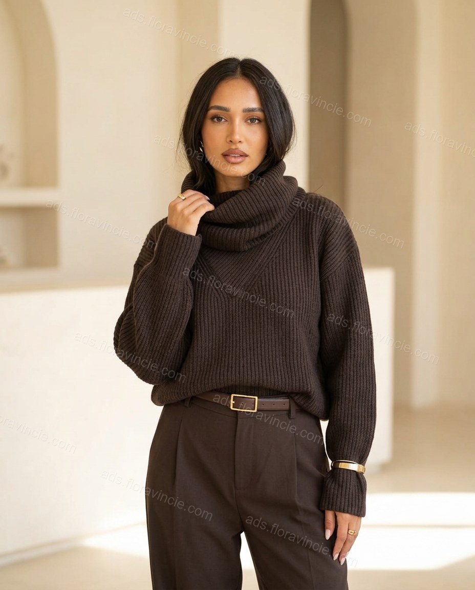 Dark Brown Cowl-Neck Knit Ribbed Top, full-length hero view, by ads.floravincie.com