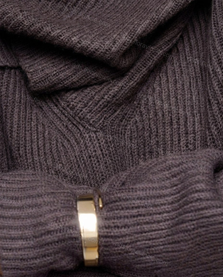 Dark Brown Cowl-Neck Knit Ribbed Top, close-up of drop shoulder, fitted cuffs and cowl neck, by ads.floravincie.com