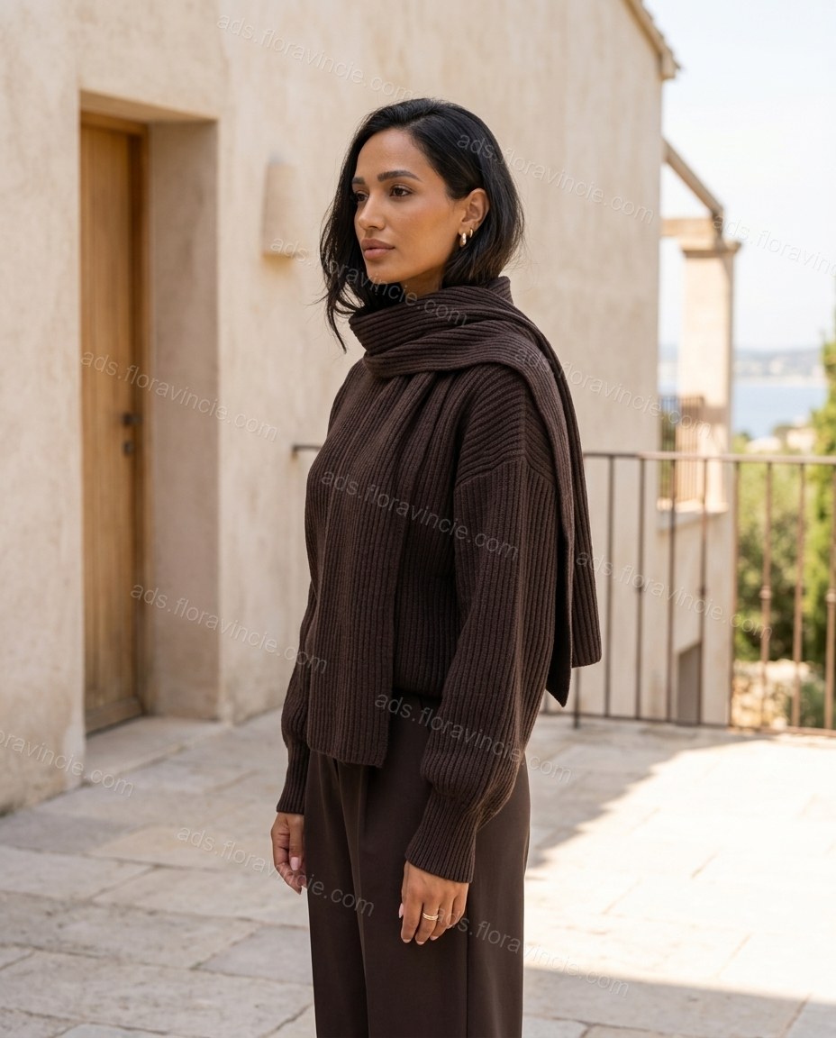 Dark Brown Cowl-Neck Knit Ribbed Top, three-quarter brand lifestyle view, by ads.floravincie.com