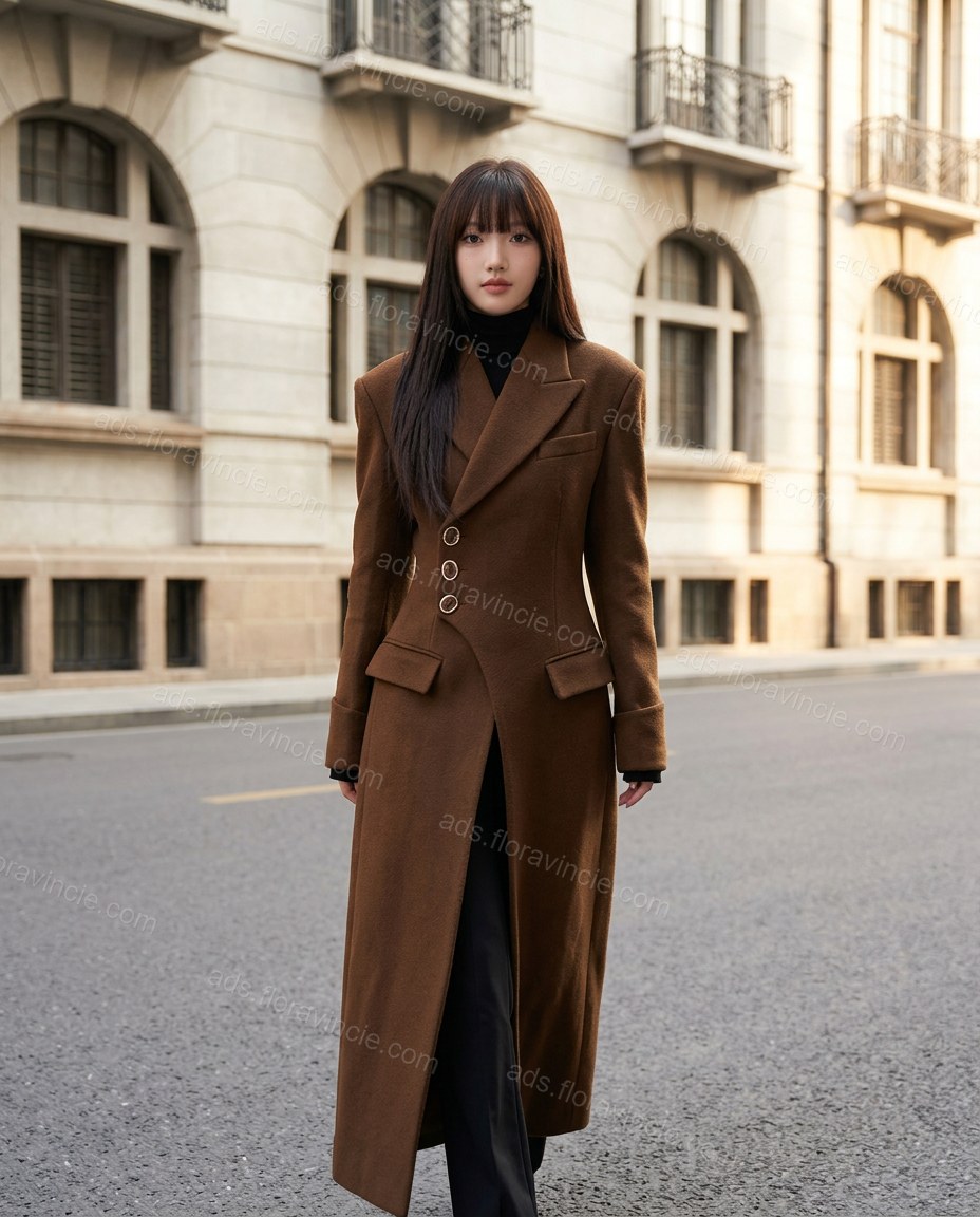 Brown Asymmetric Coat, full-length hero view, by ads.floravincie.com