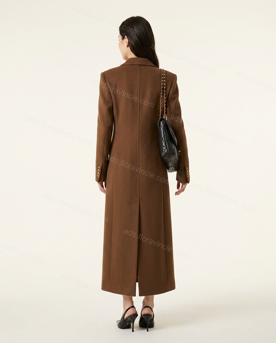 Brown Asymmetric Coat, back studio view showing vent at center back for ease of movement, by ads.floravincie.com