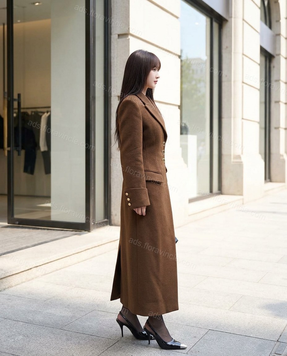 Brown Asymmetric Coat, three-quarter brand lifestyle view, by ads.floravincie.com