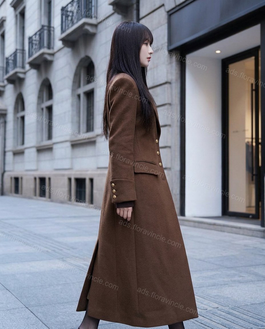 Brown Asymmetric Coat, walking lifestyle view, by ads.floravincie.com
