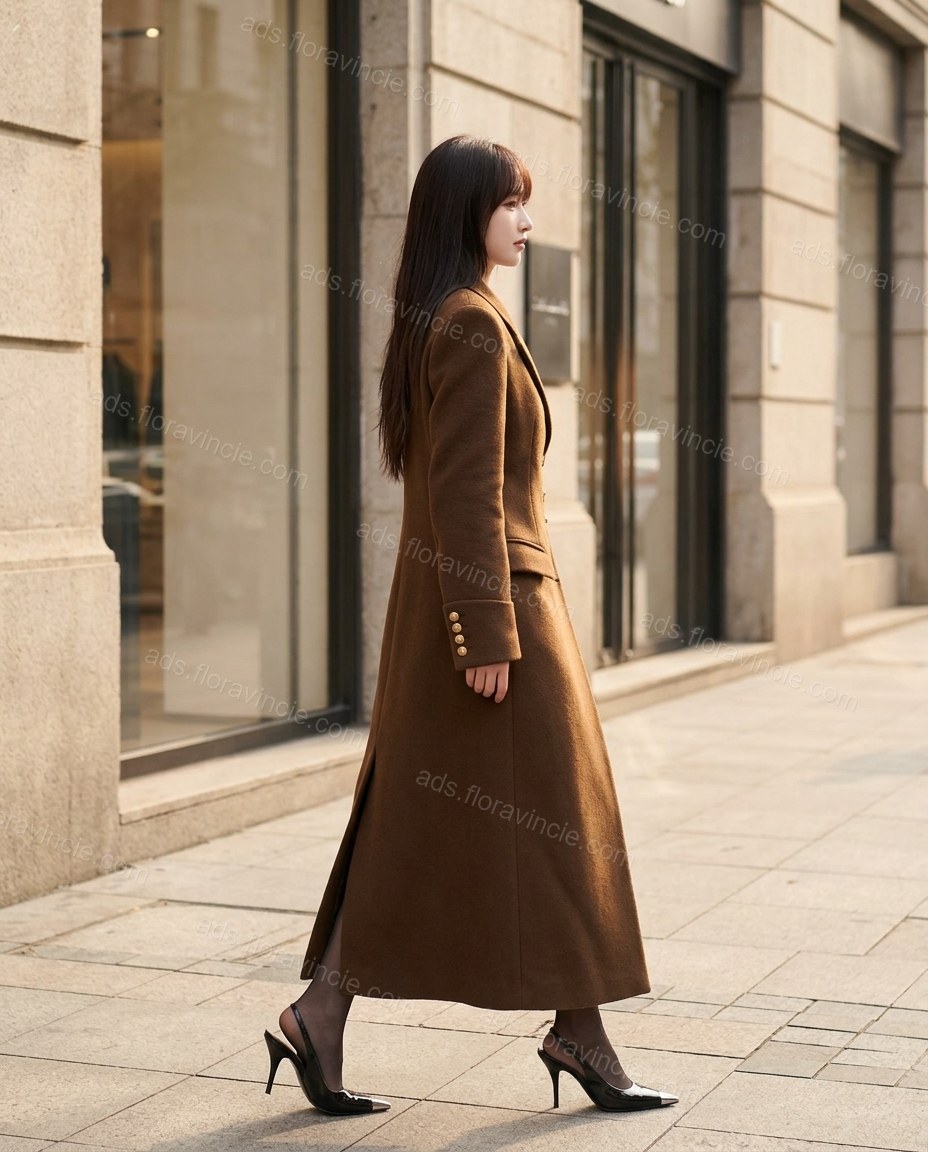 Brown Asymmetric Coat, movement and fit lifestyle view, by ads.floravincie.com