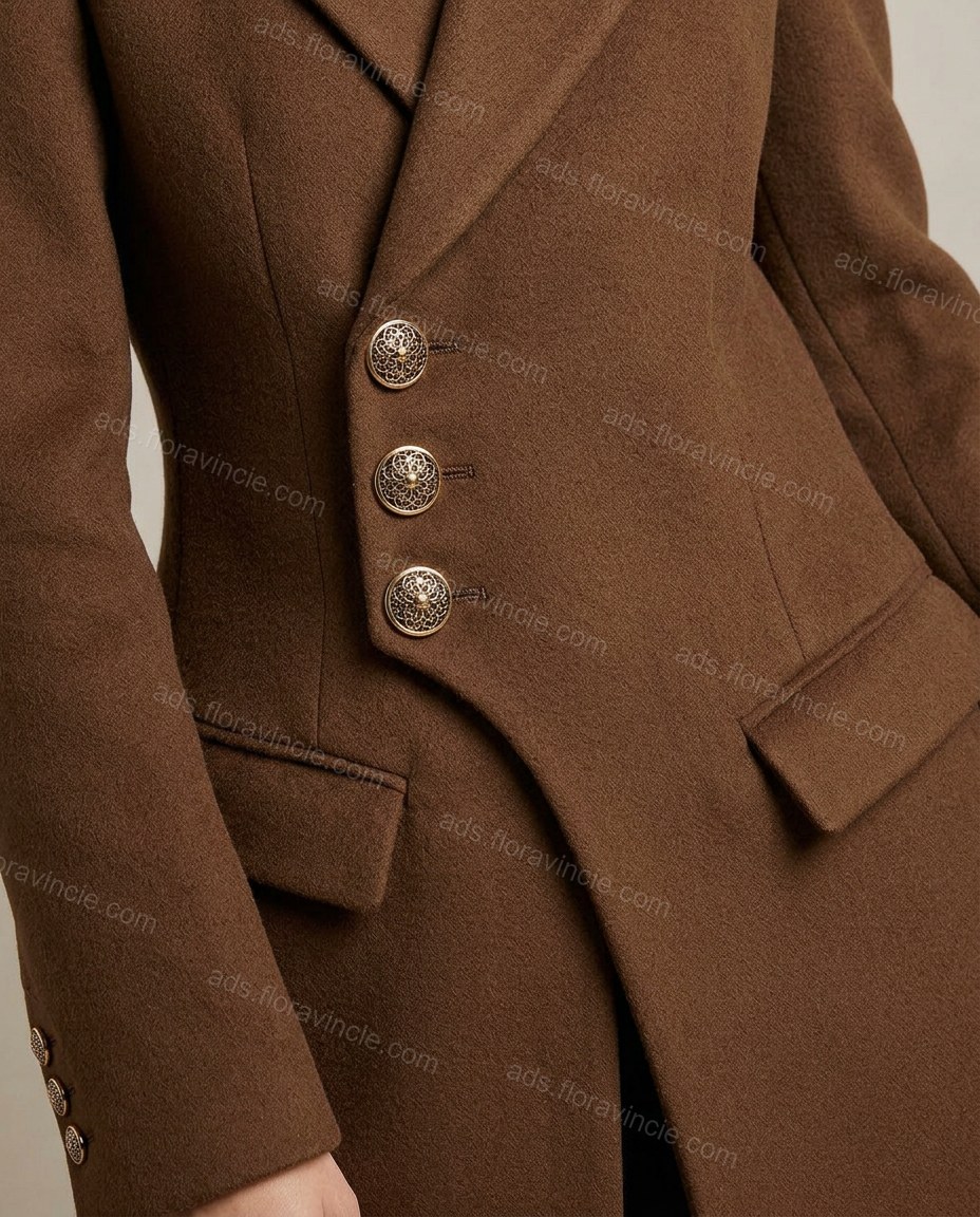 Brown Asymmetric Coat, close-up of gold accents, notched lapel and asymmetrical button placket, by ads.floravincie.com