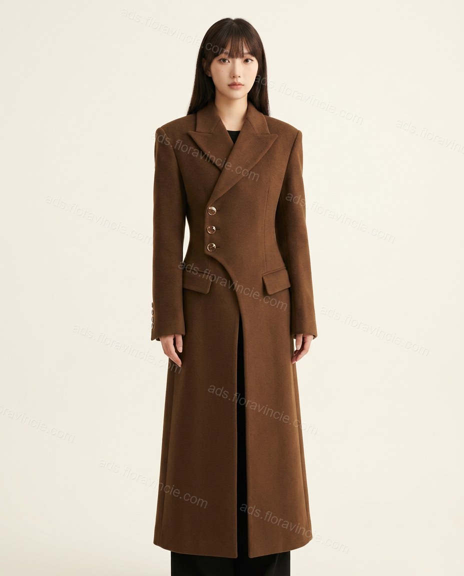 Brown Asymmetric Coat, front studio view, by ads.floravincie.com