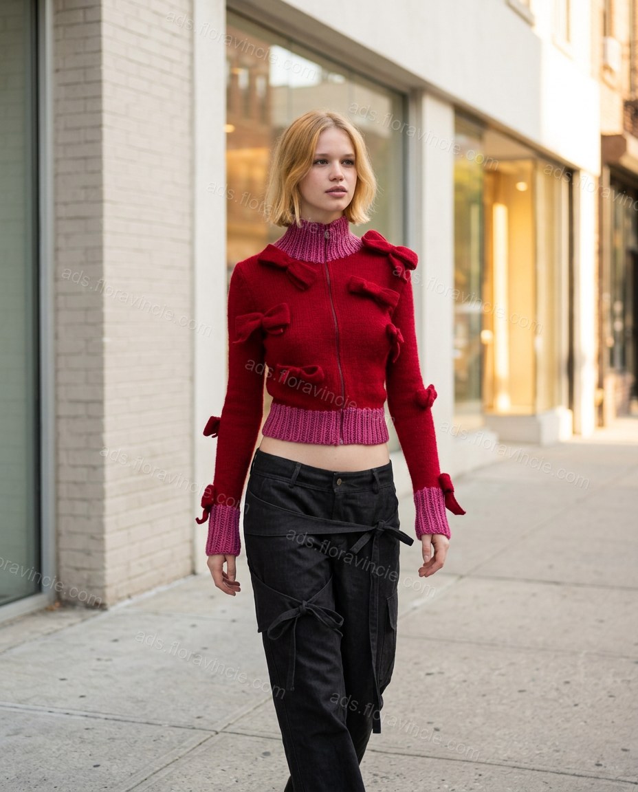 Red Ruffled Knit Ribbed Sweater, alternate use-case lifestyle view, by ads.floravincie.com
