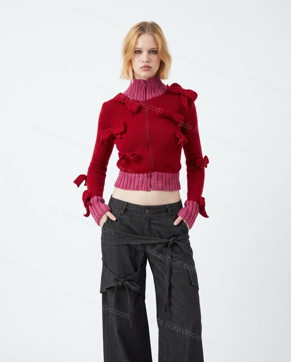 Red Ruffled Knit Ribbed Sweater, front studio view, by ads.floravincie.com