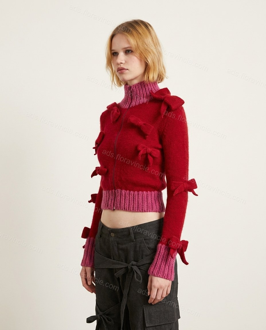 Red Ruffled Knit Ribbed Sweater, side and back studio view, by ads.floravincie.com