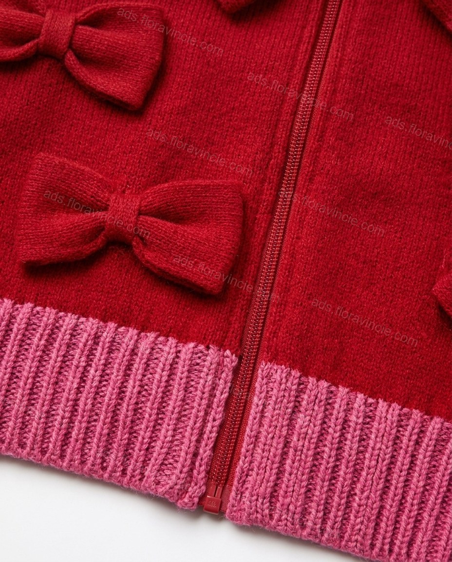Red Ruffled Knit Ribbed Sweater, close-up of pink accents, full-zip front and ribbed collar, by ads.floravincie.com