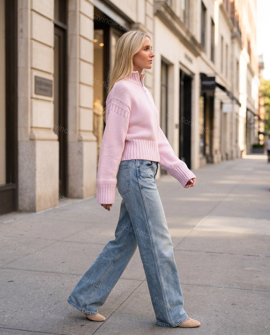 Pink Knit Ribbed Pants Set, movement and fit lifestyle view, by ads.floravincie.com