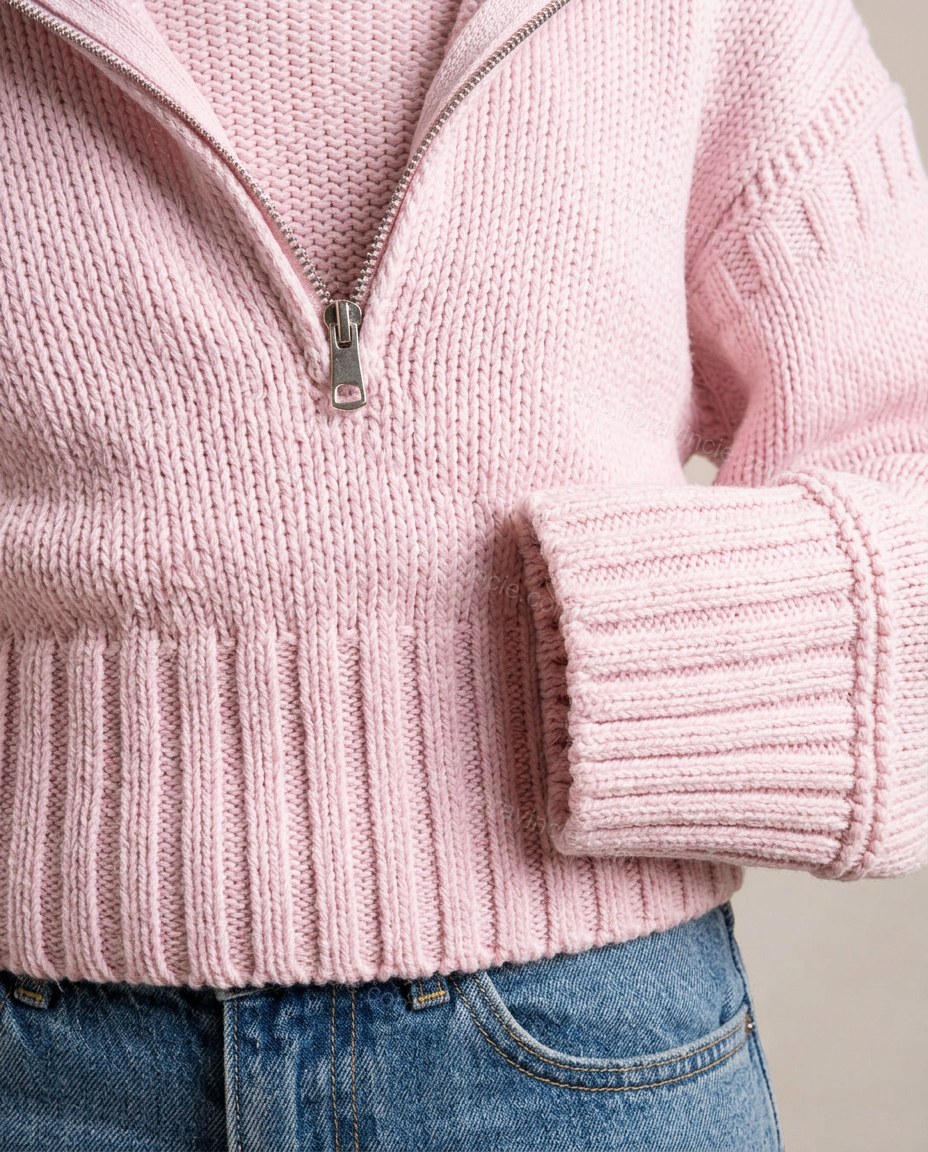 Pink Knit Ribbed Pants Set, close-up of ribbed hem, ribbed cuffs and zippered placket, by ads.floravincie.com