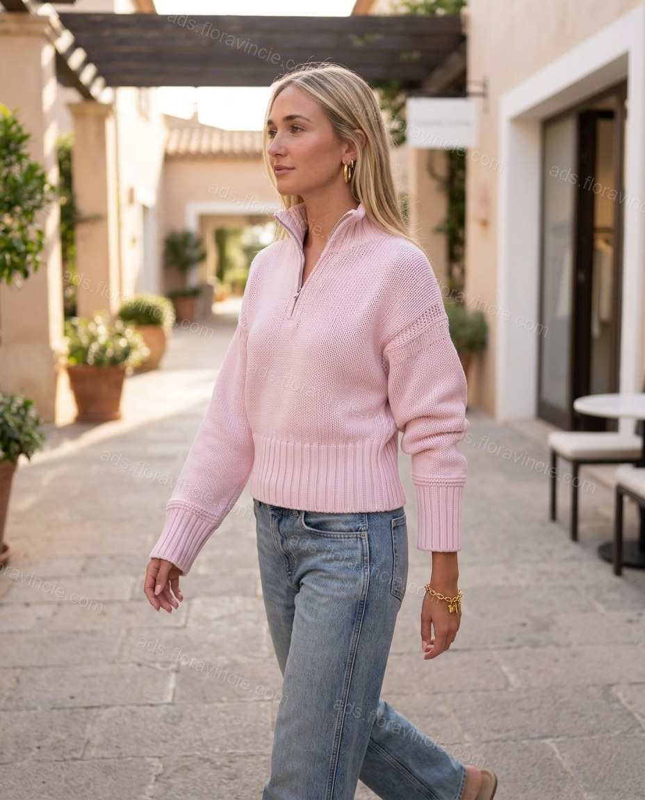 Pink Knit Ribbed Pants Set, walking lifestyle view, by ads.floravincie.com