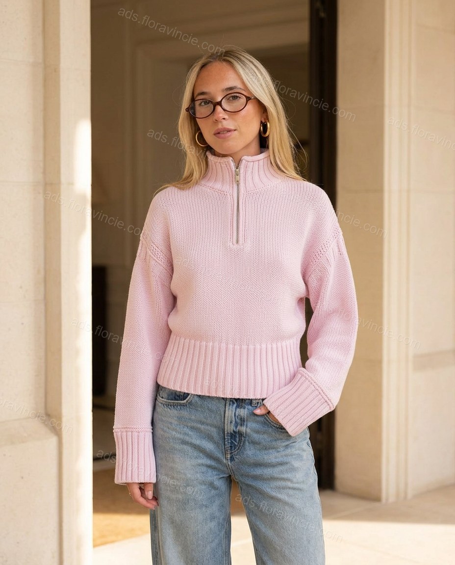 Pink Knit Ribbed Pants Set, full-length hero view, by ads.floravincie.com
