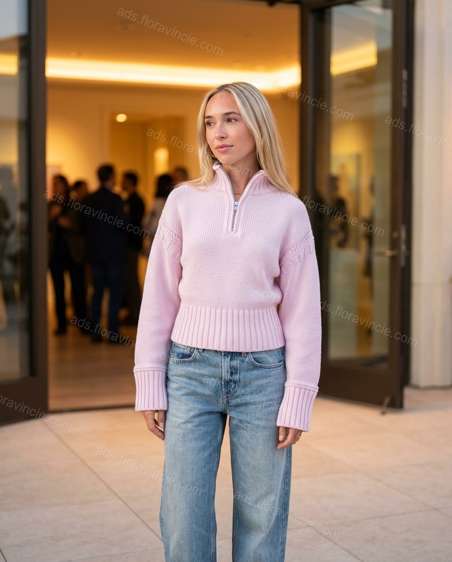 Pink Knit Ribbed Pants Set, three-quarter brand lifestyle view, by ads.floravincie.com