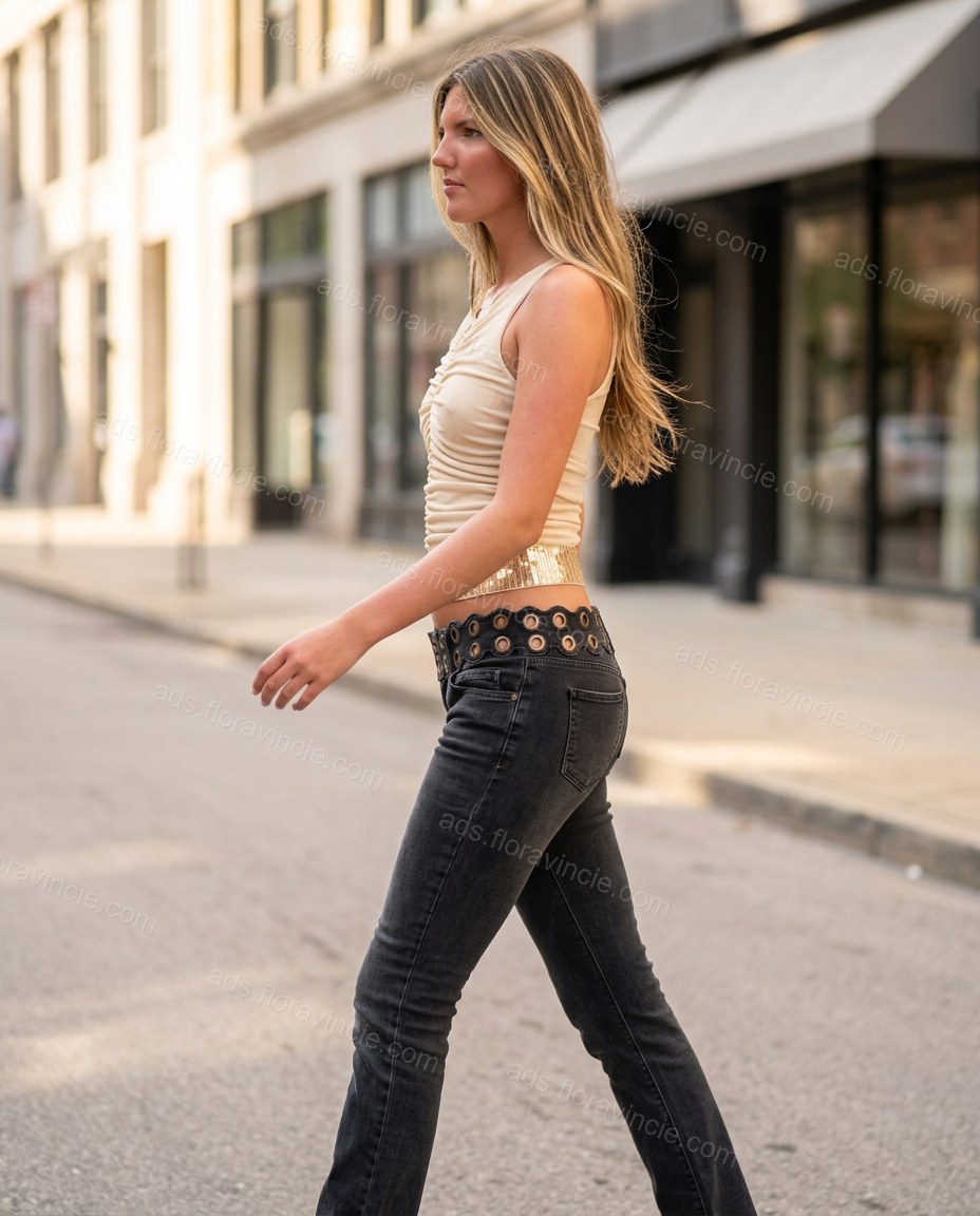 Cream Halter Denim Two-Piece Set, walking lifestyle view, by ads.floravincie.com