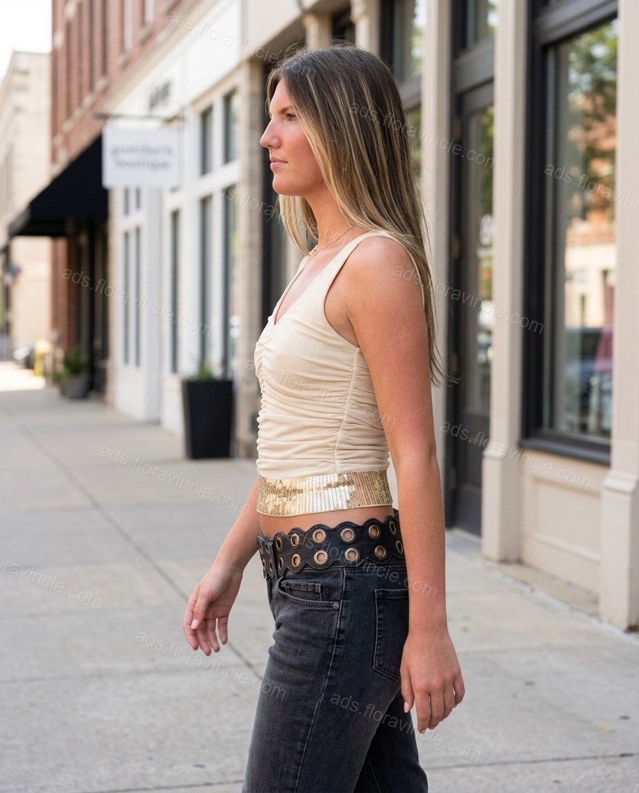 Cream Halter Denim Two-Piece Set, three-quarter brand lifestyle view, by ads.floravincie.com