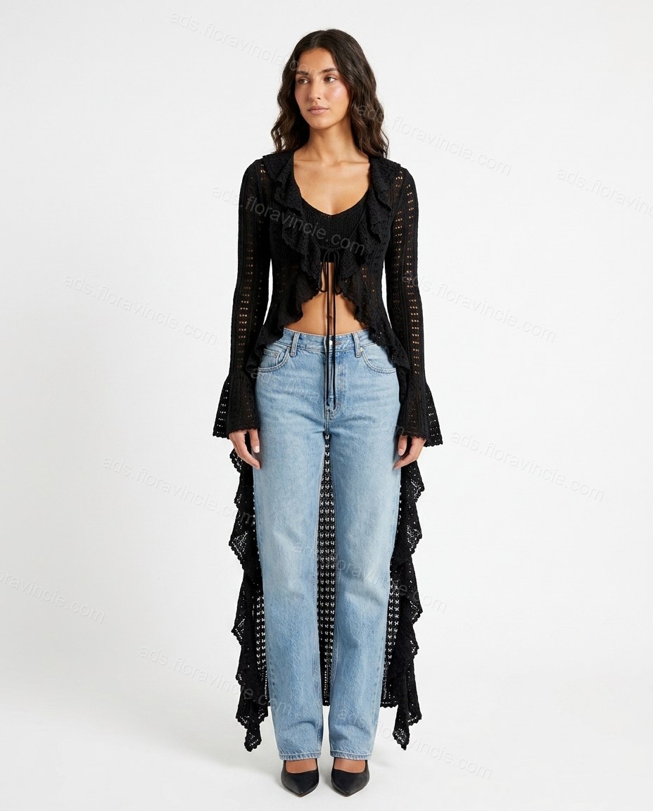 Black Geometric Ruffled High-Low Outerwear, front studio view, by ads.floravincie.com
