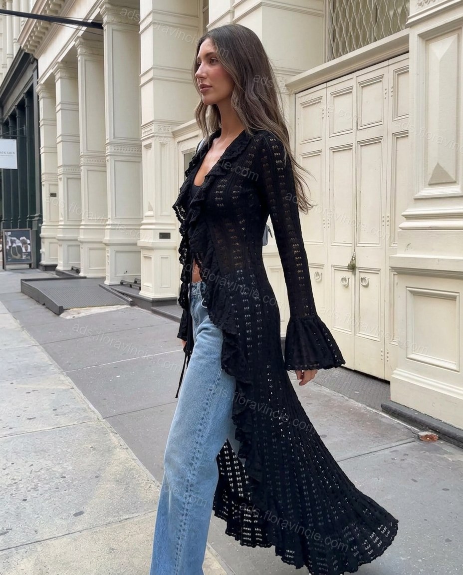 Black Geometric Ruffled High-Low Outerwear, walking lifestyle view, by ads.floravincie.com