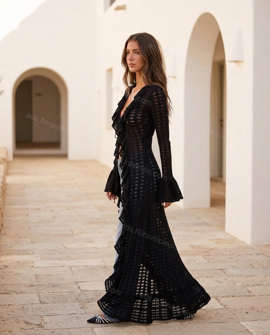 Black Geometric Ruffled High-Low Outerwear, alternate use-case lifestyle view, by ads.floravincie.com