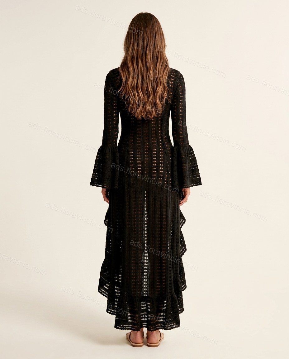 Black Geometric Ruffled High-Low Outerwear, back studio view showing extended back panel with ruffled hem, by ads.floravincie.com