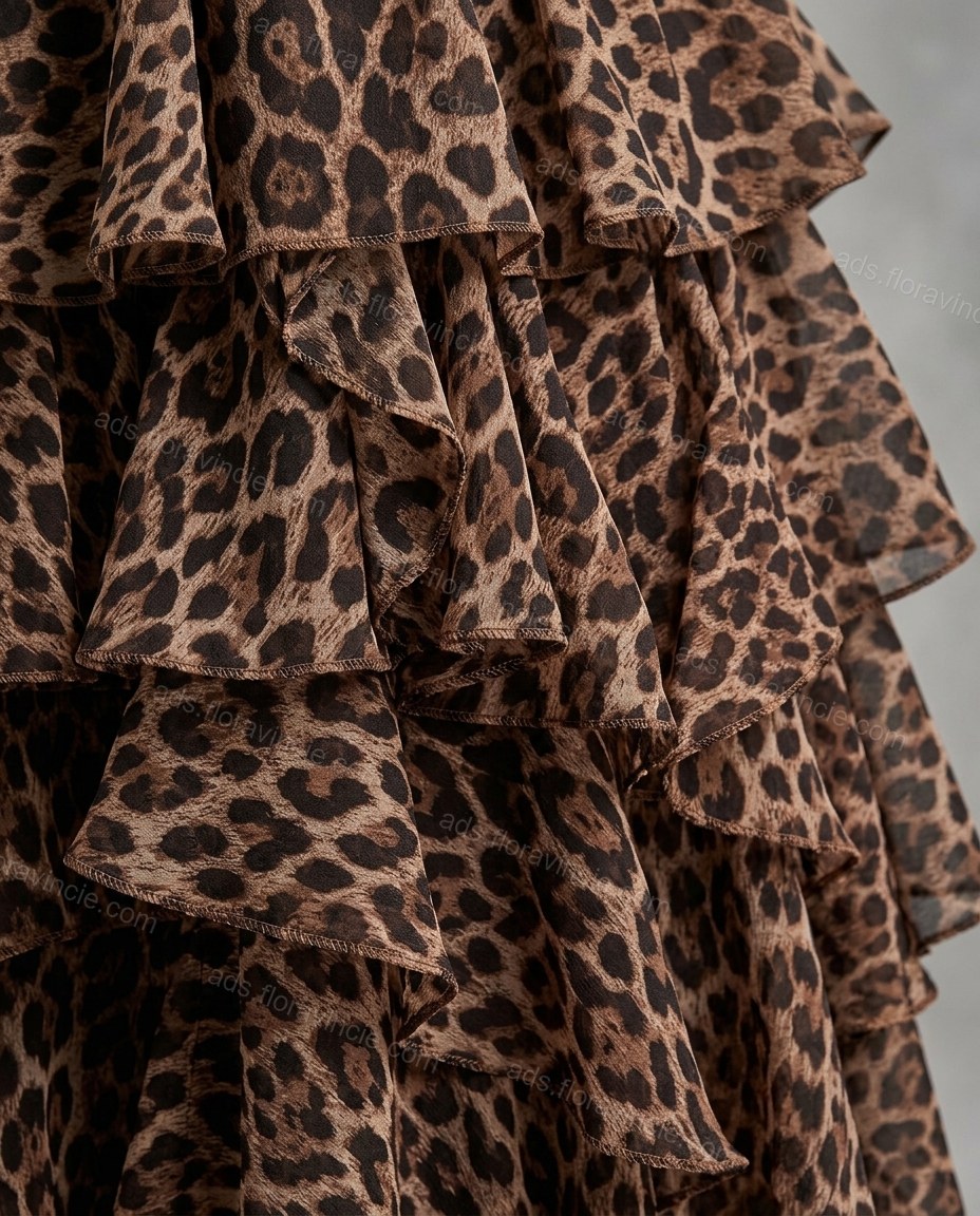 Brown Leopard Print Open-Back Ruffled Dress, close-up of leopard print, by ads.floravincie.com