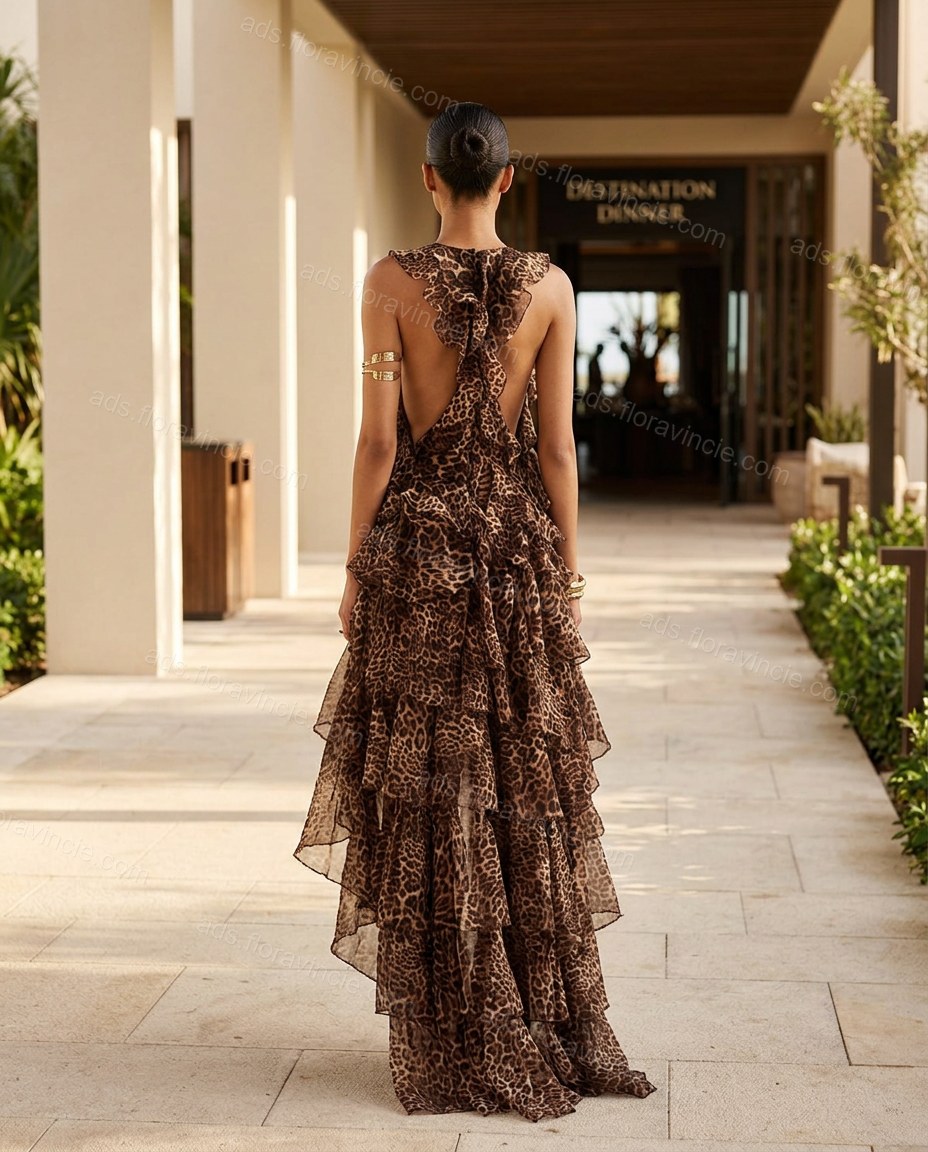 Brown Leopard Print Open-Back Ruffled Dress, alternate use-case lifestyle view, by ads.floravincie.com