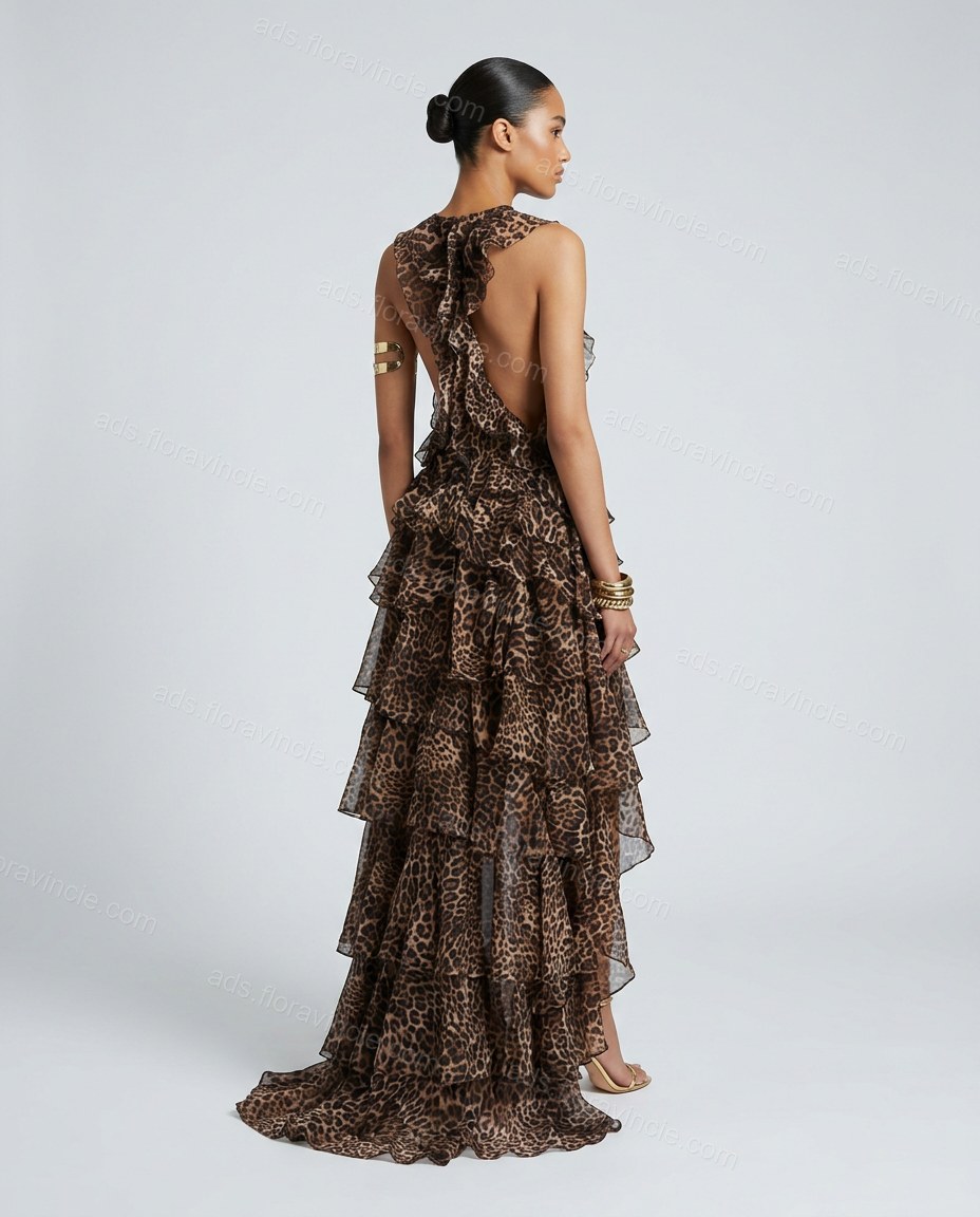 Brown Leopard Print Open-Back Ruffled Dress, back studio view, by ads.floravincie.com