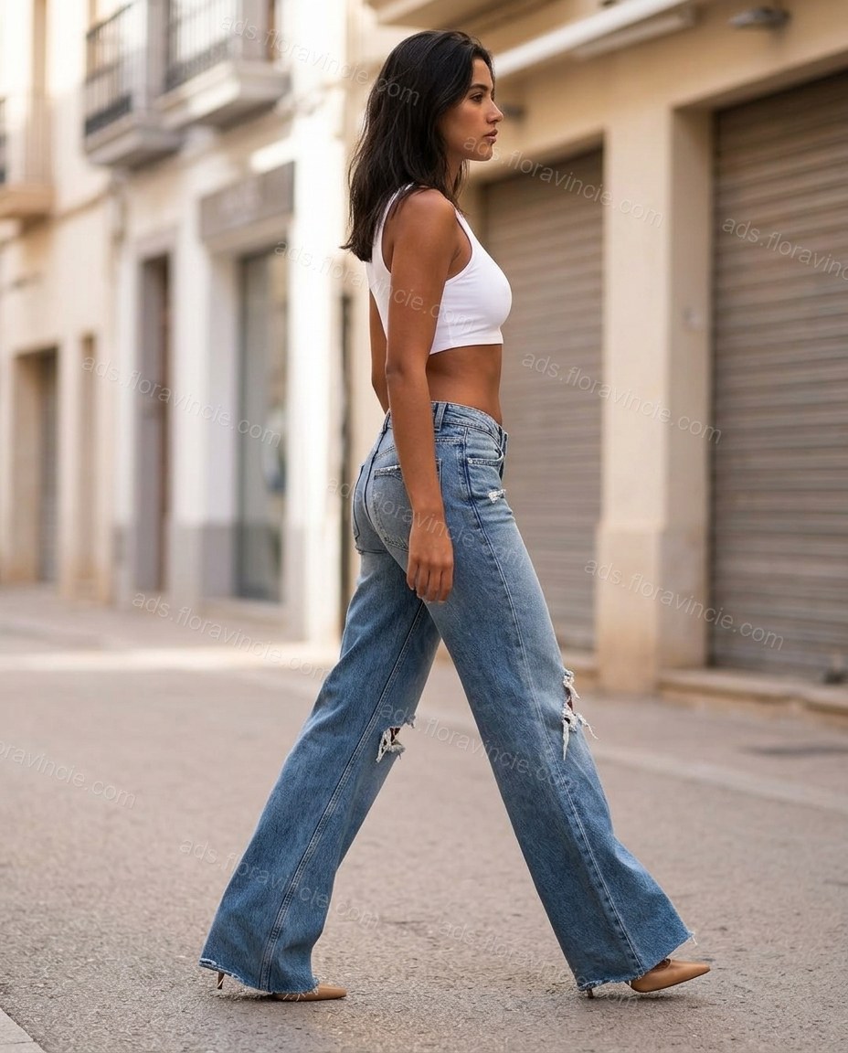 Blue Denim Pants, walking lifestyle view, by ads.floravincie.com