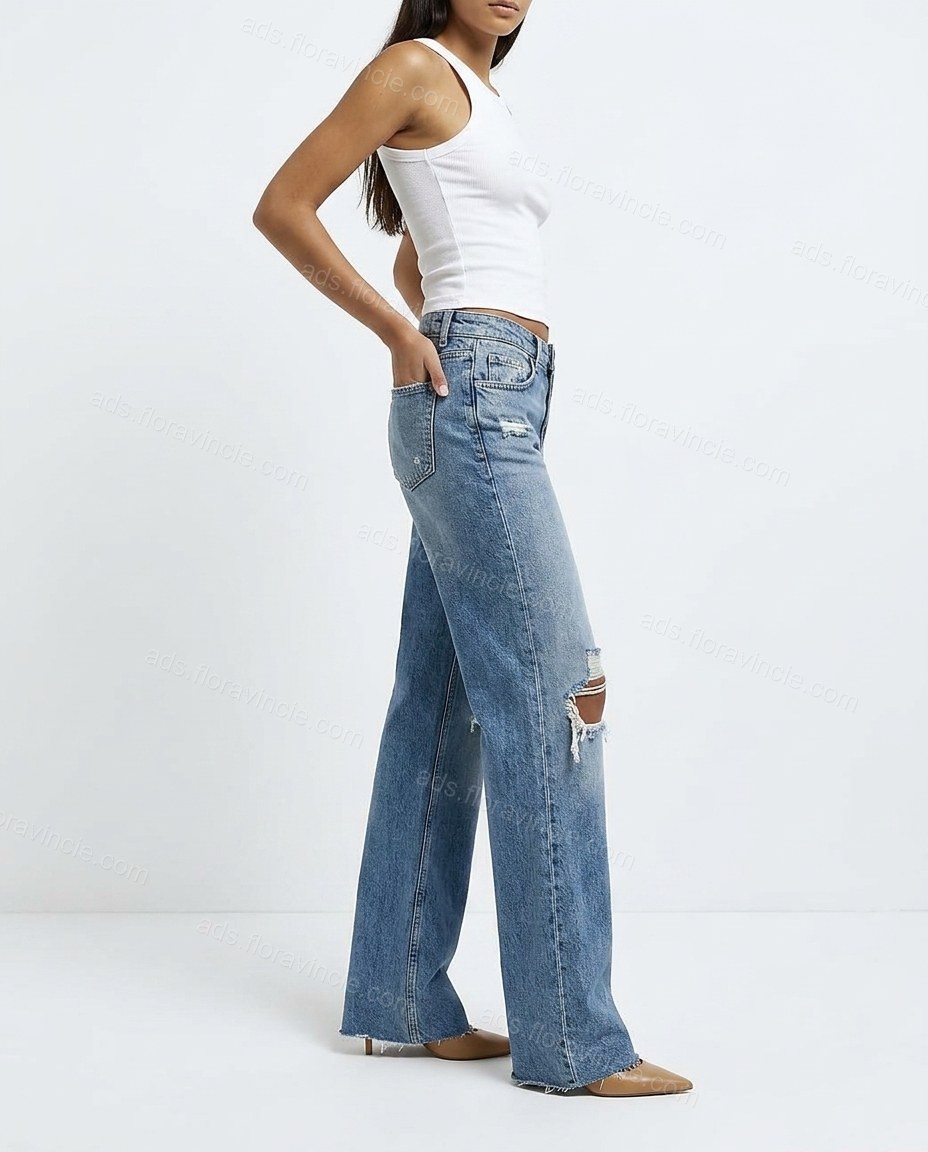 Blue Denim Pants, side and back studio view showing standard denim back yoke and two patch pockets, by ads.floravincie.com