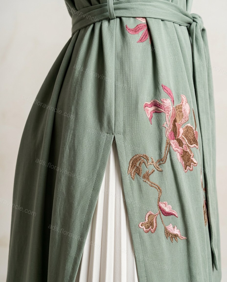 Sage Green Floral Embroidered Faux-Fur Coat, close-up of floral embroidery, by ads.floravincie.com